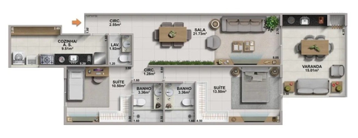 Planta 03 - 2 dorm 92,25m²