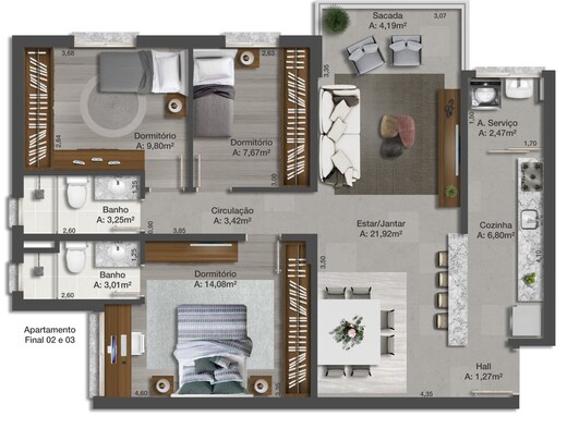 Planta 03 - 3 dorm 91 84m�