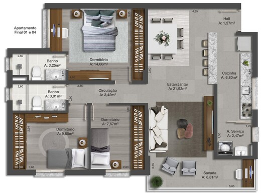 Planta 04 - 3 dorm 94 76m�