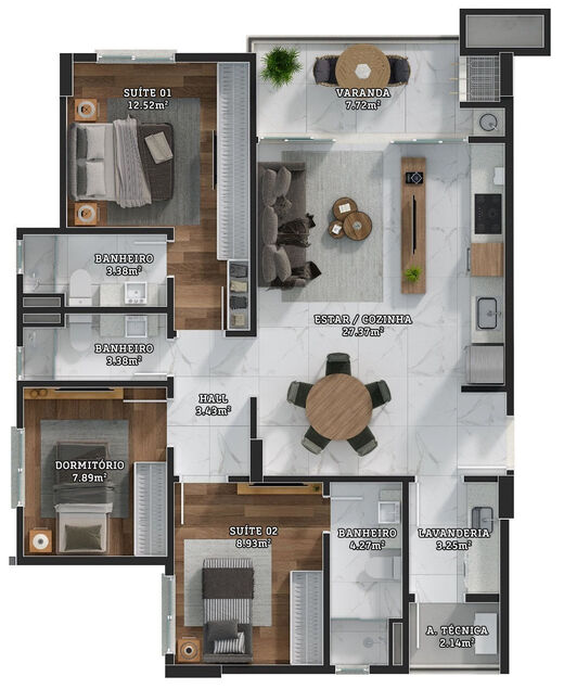 Planta 03 - 3 dorm 95m²