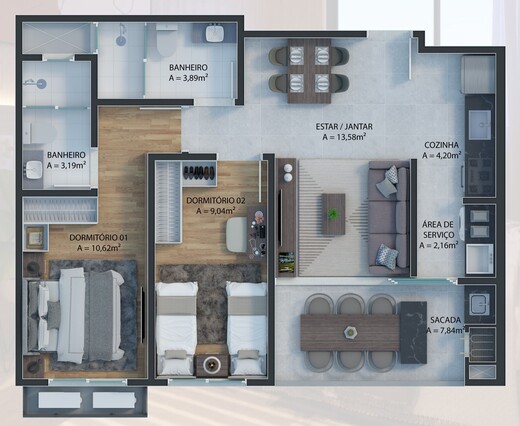 Planta 01 - 2 dorm 65m²