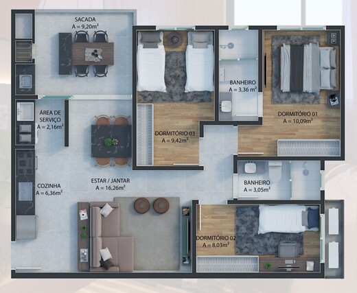 Planta 04 - 3 dorm 80m²