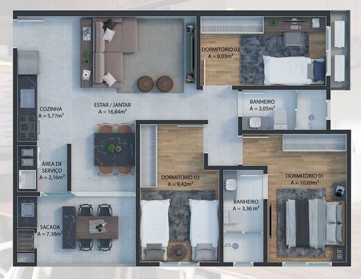Planta 05 - 3 dorm 80m²