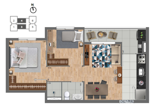 Planta 01 - 2 dorm 44m