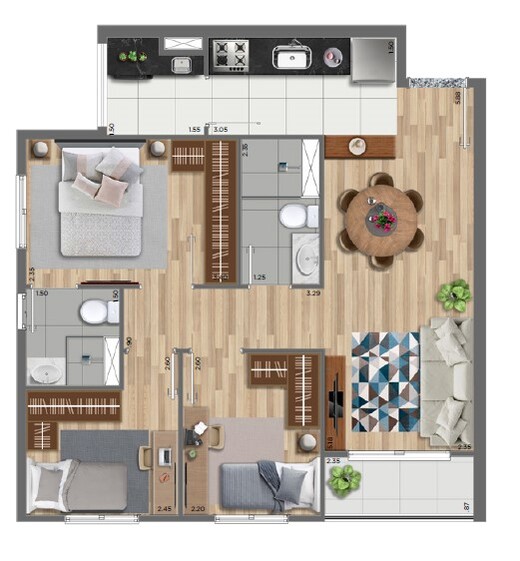 Planta 02 - 3 dorm 57m