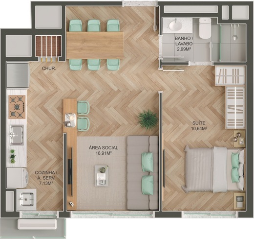 Planta 01 - 1 dorm 45m²