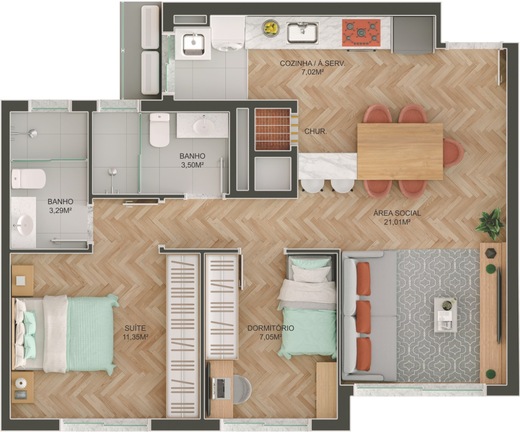 Planta 02 - 2 dorm 65m²