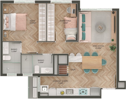 Planta 03 - 2 dorm 70m²