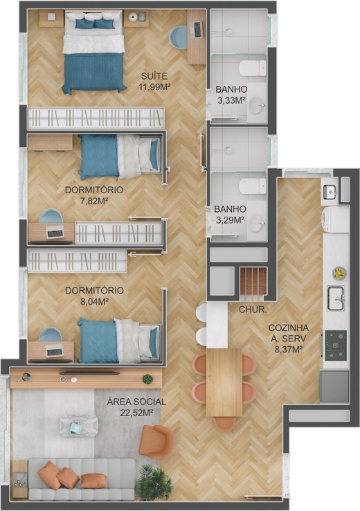 Planta 04 - 3 dorm 82m²