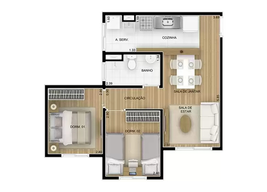 Planta 02 - 2 dorm 44m²
