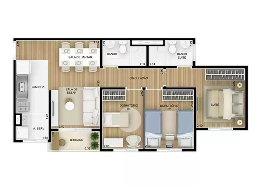 Planta 03 - 3 dorm 57,66m²