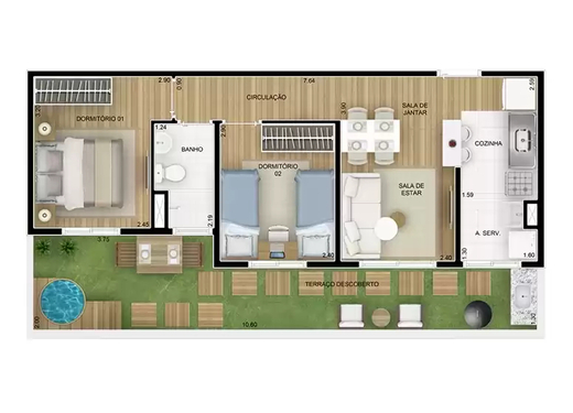 Planta 04 - 2 dorm 61,77m² - garden