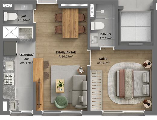 Planta 02 - 1 dorm 40,73m�