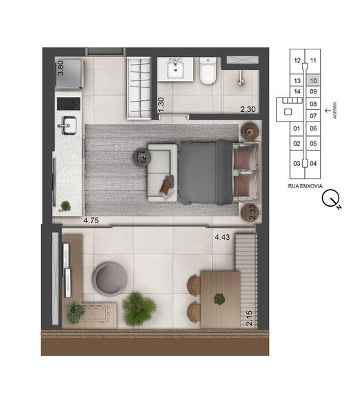 Planta 01 - 1 dorm 32m² - studio