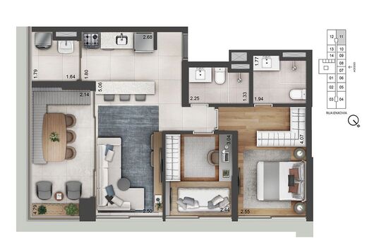 Planta 03 - 2 dorm 70m²