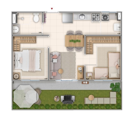 Planta 02 - 2 dorm 50,81m² - garden