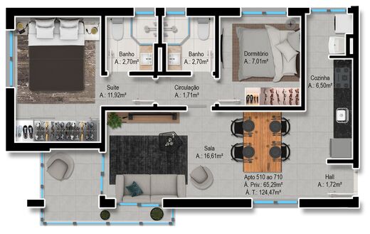 Planta 05 - 2 dorm 65,29m²