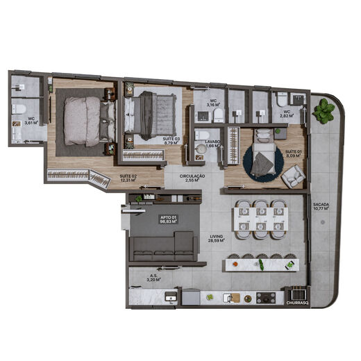 Planta 01 - 3 dorm 98,83m²