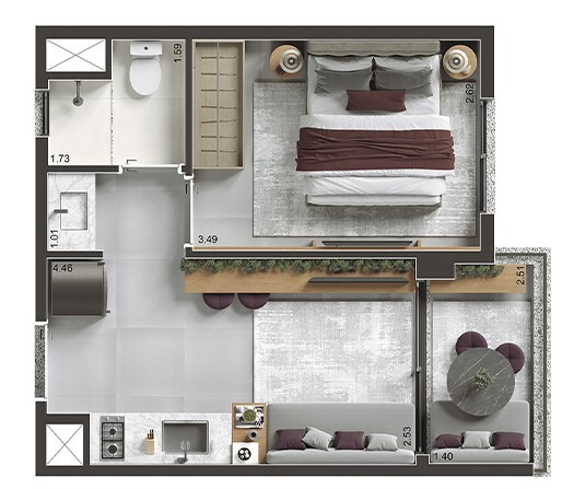 Planta 02 - 1 dorm 29,31m�