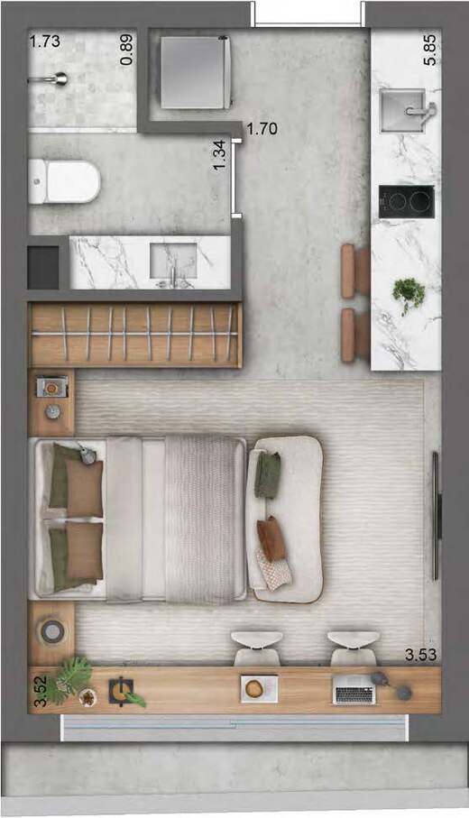 Planta 01 - 1 dorm 23,63m² - studio