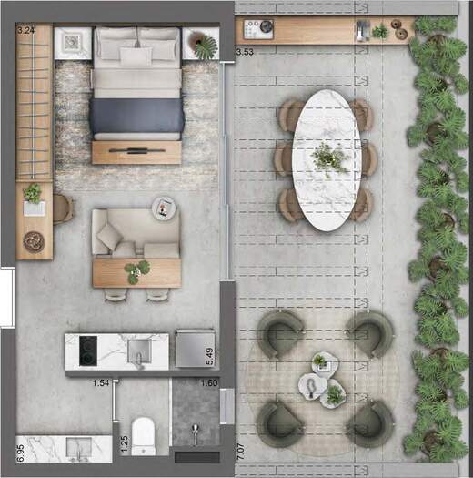 Planta 07 - 1 dorm 53,69m² - garden