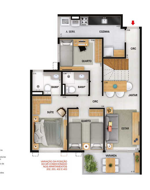 Planta 18 - 3 dorm 156,46m² - cobertura duplex - inferior
