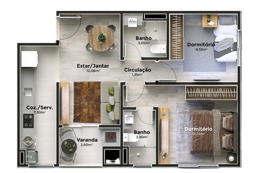 Planta 02 - 2 dorm 57,24m�