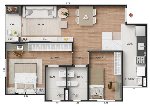 Planta 16 - 2 dorm 103,20m² - cobertura duplex - inferior