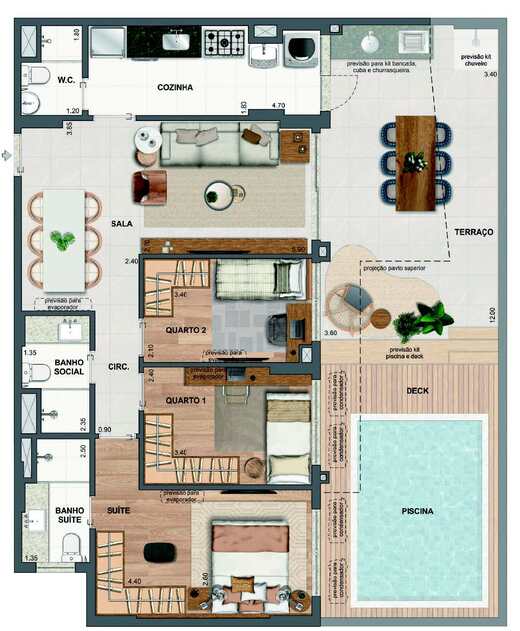 Planta 30 - 3 dorm 120,95m² - garden
