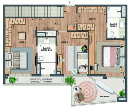 Planta 40 - 3 dorm 164,35m² - cobertura duplex - inferior