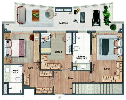 Planta 42 - 3 dorm 167,70m² - cobertura duplex - inferior