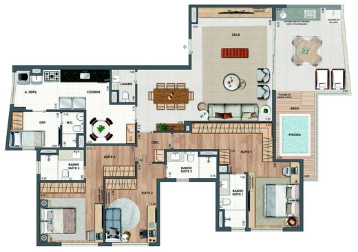 Planta 44 - 3 dorm 169,47m² - cobertura horizontal