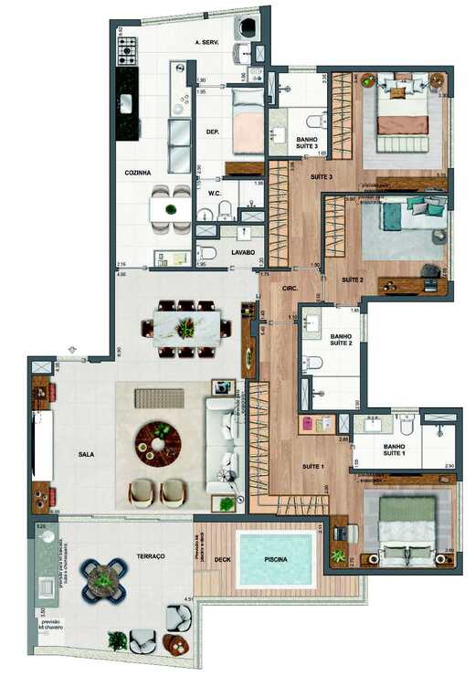 Planta 45 - 3 dorm 170,34m² - cobertura horizontal