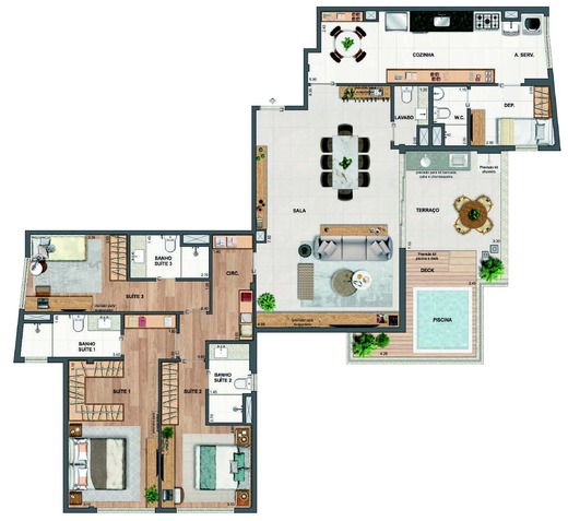 Planta 46 - 3 dorm 173,76m² - cobertura horizontal