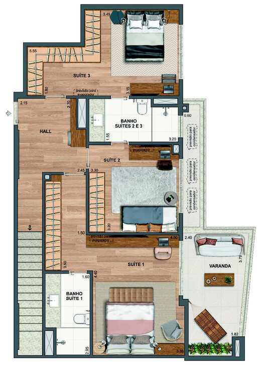Planta 51 - 3 dorm 183,98m² - cobertura duplex - inferior