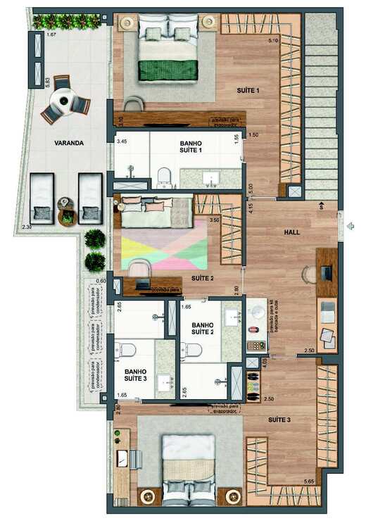 Planta 60 - 3 dorm 206,16m² - cobertura duplex - inferior