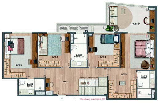Planta 62 - 4 dorm 231,22m² - cobertura duplex - inferior