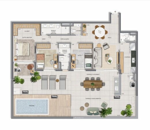 Planta 15 - 3 dorm 186,43m² - garden