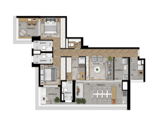 Planta 02 - 3 dorm 119m�