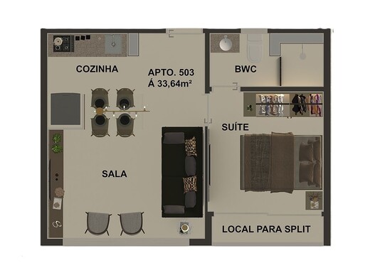 Planta 02 - 1 dorm 33,64m