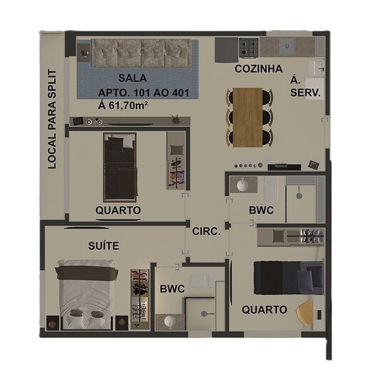 Planta 04 - 2 dorm 61,70m