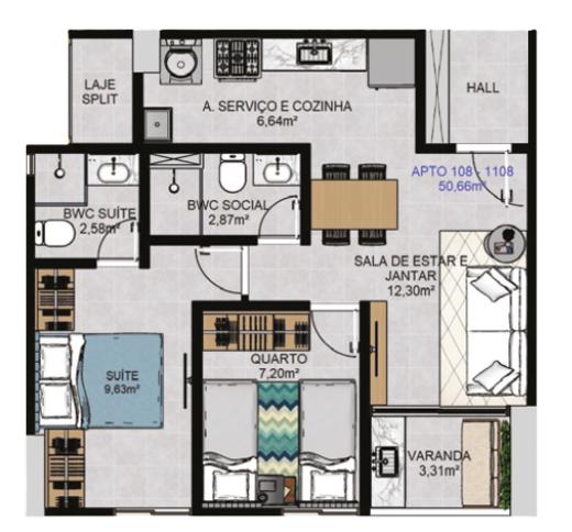Planta 01 - 2 dorm 50m²