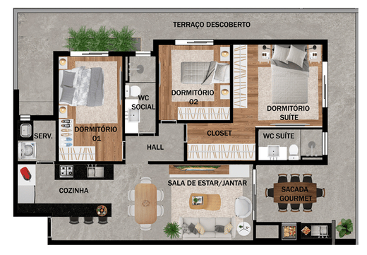Planta 02 - 3 dorm 120,78m� - garden