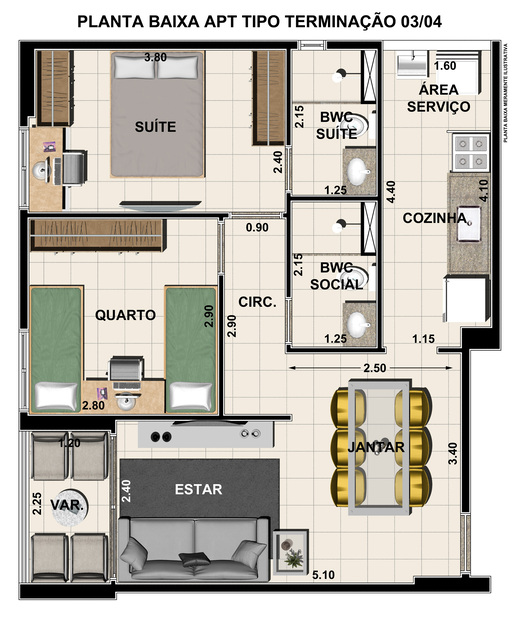 Planta 02 - 2 dorm 56,58m²