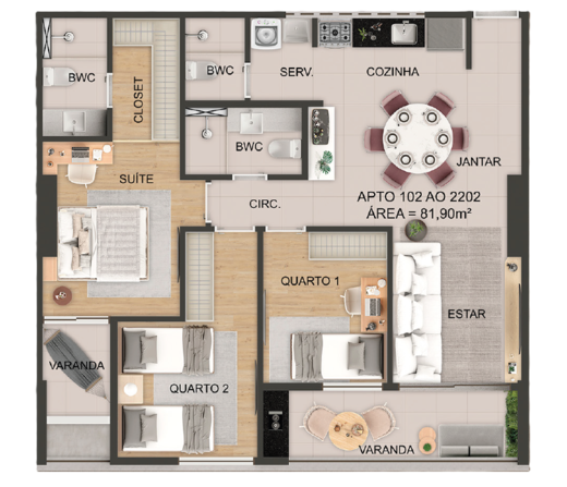 Planta 01 - 3 dorm 81,90m