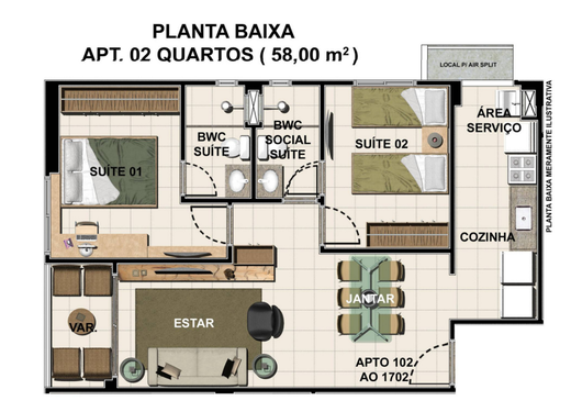 Planta 01 - 2 dorm 58m²