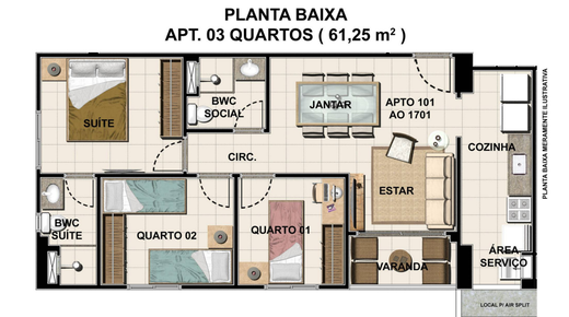 Planta 02 - 3 dorm 61,25m²