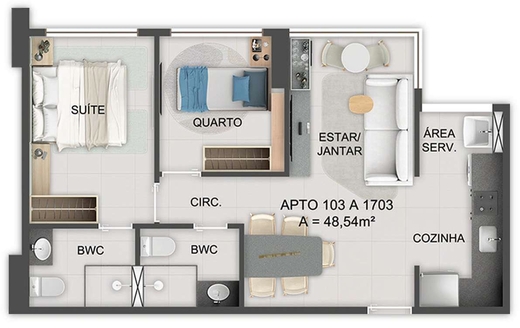Planta 01 - 2 dorm 48m²