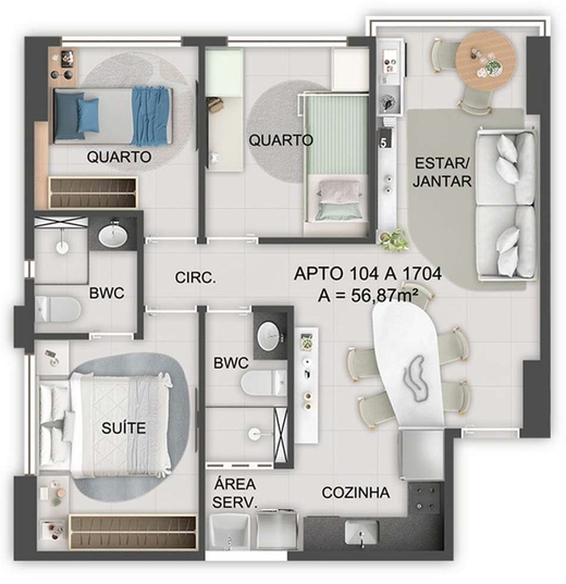 Planta 02 - 3 dorm 57m²