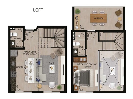 Planta 02 - 1 dorm 45m² - loft